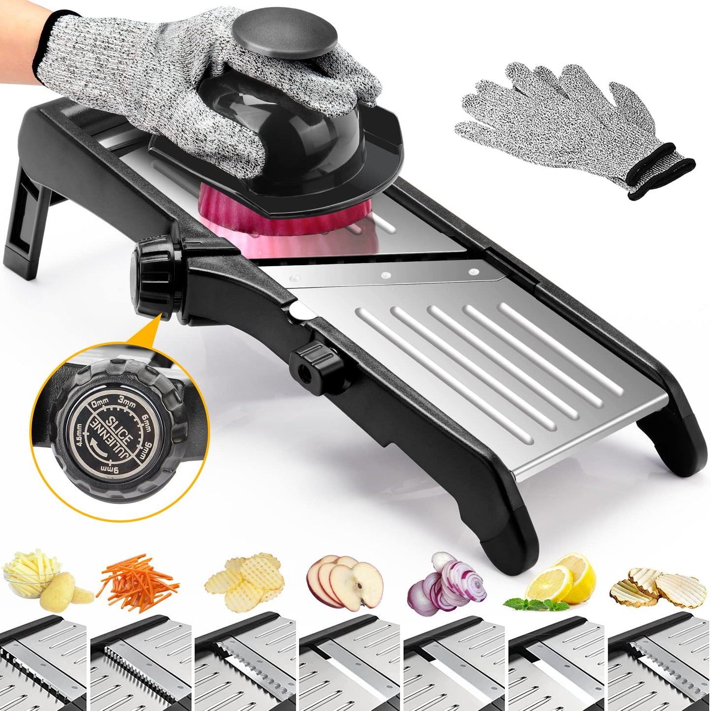 Mandoline Food slicer for kitchen, Adjustable Stainless Steel Mandoline Vegetable slicer, Food slicer Onion Potato Chip French Fry, 7 in-1 Adjustable Blade, Including 1 Pair Cut-Resistant Gloves