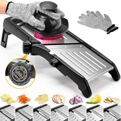 Mandoline Food slicer for kitchen, Adjustable Stainless Steel Mandoline Vegetable slicer, Food slicer Onion Potato Chip French Fry, 7 in-1 Adjustable Blade, Including 1 Pair Cut-Resistant Gloves