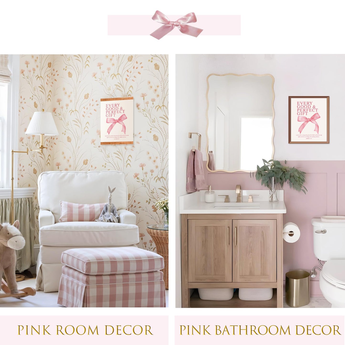 LARTSFRO Coquette Pink Bow Wall Art Decor Posters, Pink Bow Christian Room Bedroom Bathroom Dorm Wall Art Decor Aesthetic for College Teen Girls Gifts, Inspirational Bible Verses Bow Wall Decor, 10x8 Inch Set of 4 Pcs Bow Pictures (UNFRAMED)