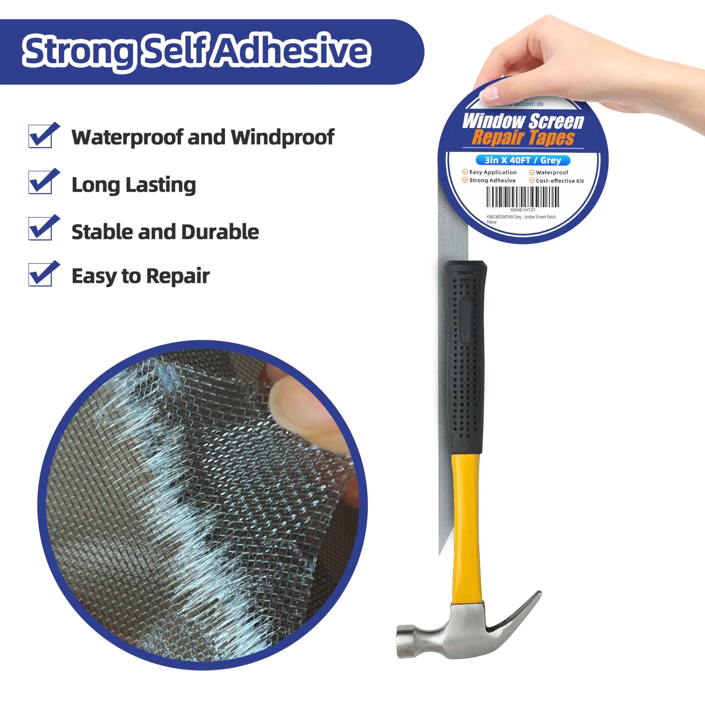 KING MOUNTAIN Grey Window Screen Repair Tape,3inX40FT Heavy Duty Screen Repair Kit for Window Screen and Screen Door Tears Holes,Strong Adhesive & Waterproof Window Screen Patch