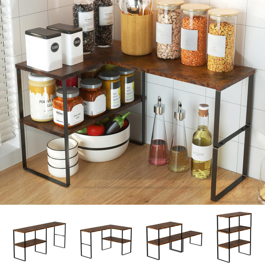 Golener Countertop Organizer Corner Shelf, 2 Tier Adjustable Stackable Corner Shelves for Kitchen, Bathroom, Spice Rack, Coffee Area, Over Sink, Dresser Table, Corner Counter Shelf Stand, Rustic Brown