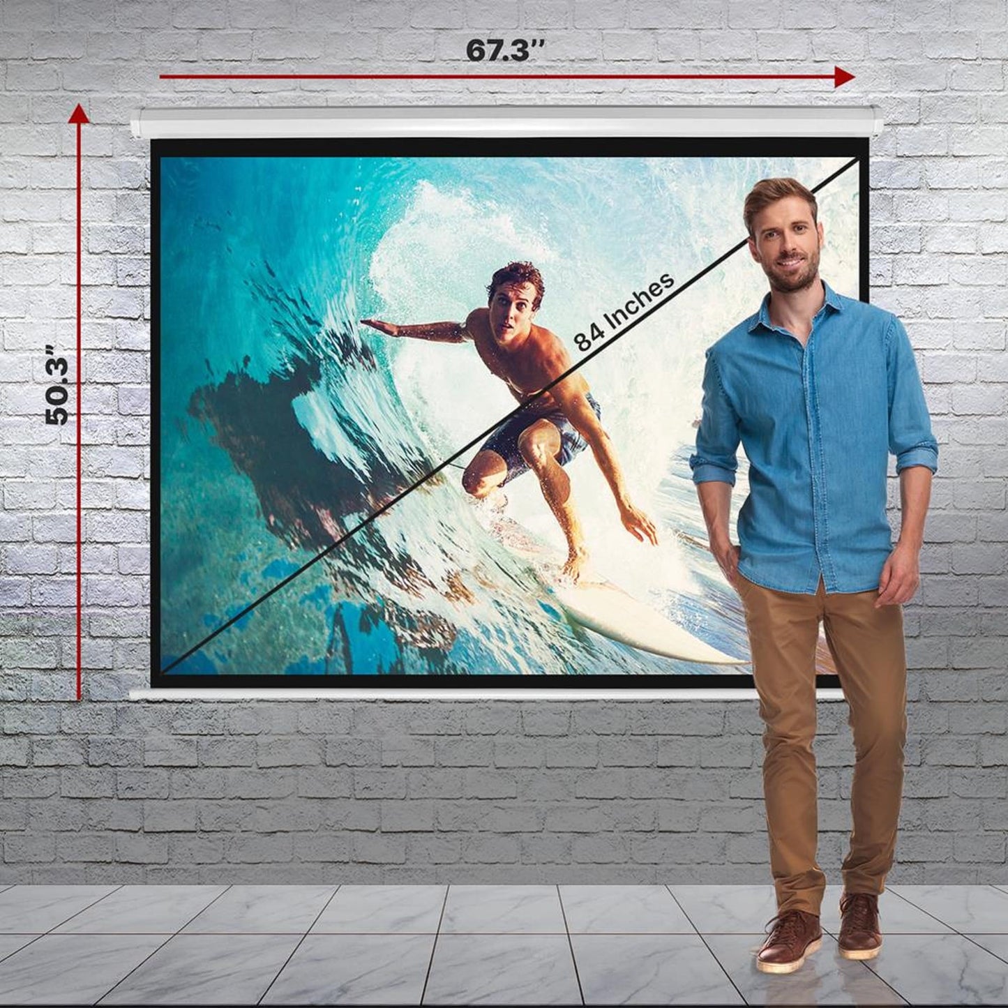 Pyle Manual Pull-Down Projector Screen - Universal 84-inch Roll-Down Retractable Manual Projection Screen w/ Auto-Locking, Adjustable Screen Height, Black Masking Border - 50.3” x 67.3” PRJSM9406