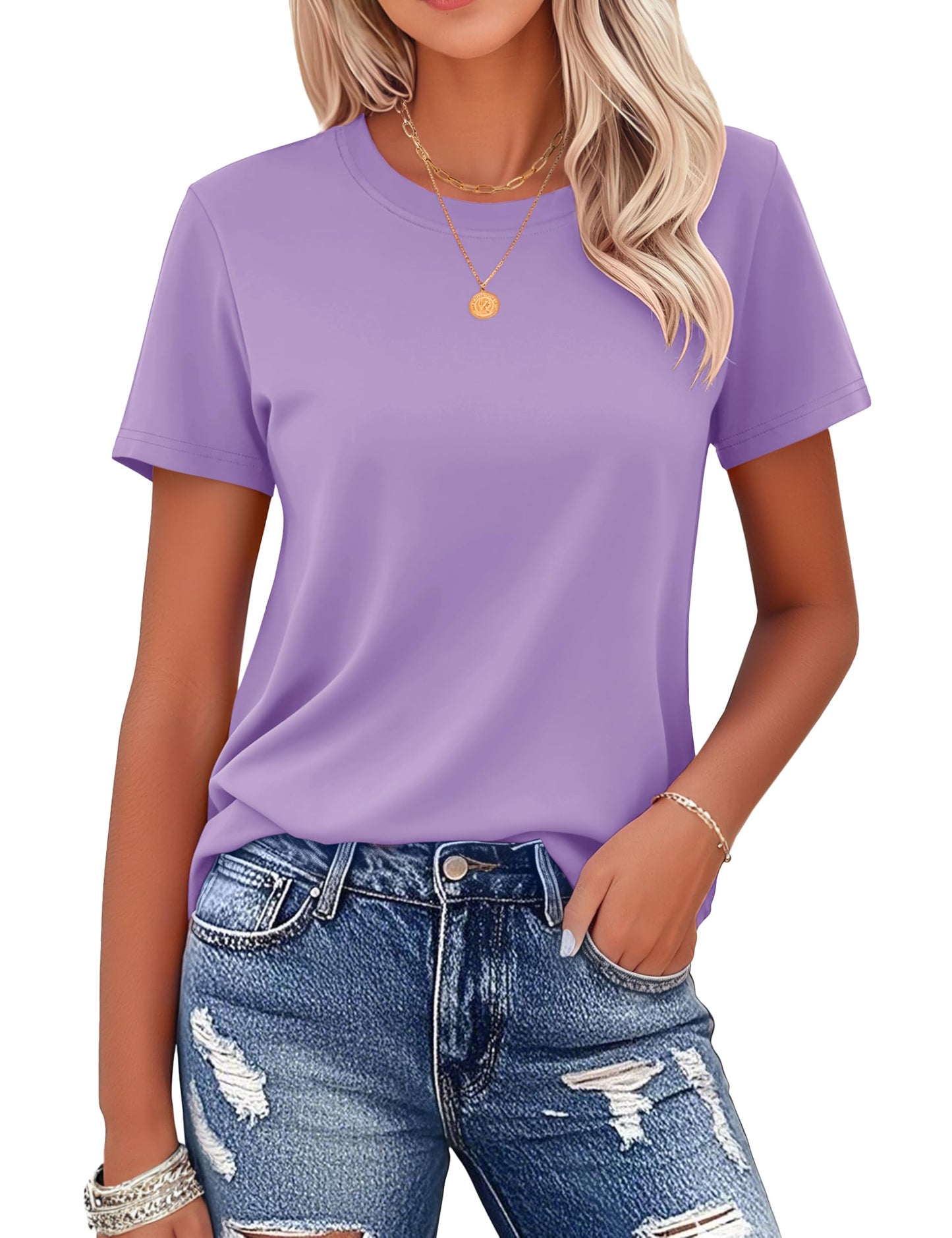 MAGCOMSEN Womens Crew Neck Shirts Short-Sleeve Casual Basic T-Shirt Classic-Fit Tops Cotton Breathable Tees, Light Purple, M