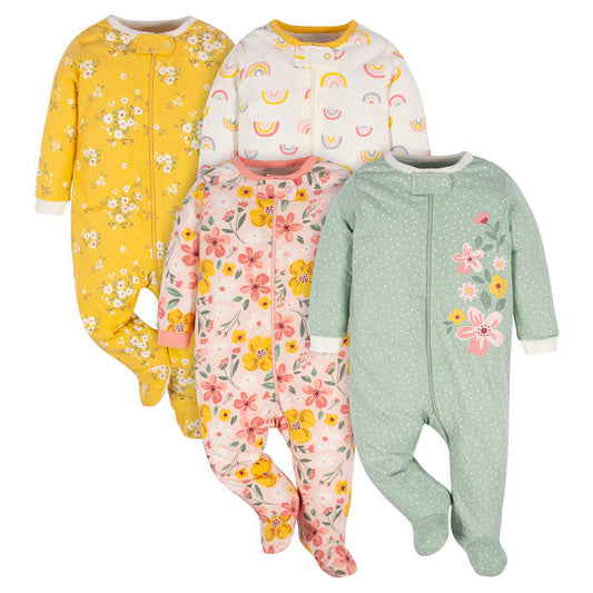 Gerber Baby Girls 4 Pack Sleep 'N Play Footie Golden Floral 0-3 Months