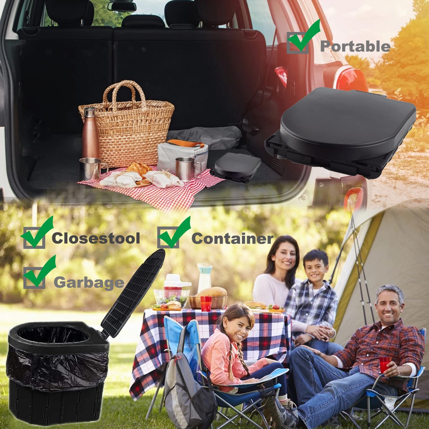 KINSPORY Camping Toilet, Portable Toilet for Adults & Kids, Foldable Potty & Outdoor Emergency Sanitation Products, Trash Can, Stool for Car Truck Camping Travel Hiking Fishing Long Trips (Deep Black)