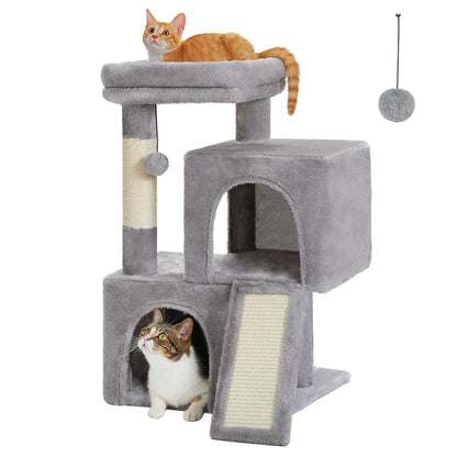 PAWZ Road Cat Tree, 30 Inches Cat Tower with Dual Condos for Indoor Cats, Plush Cat House with Padded Perch, Scratching Ramp and Posts and Replaceable Balls-Gray