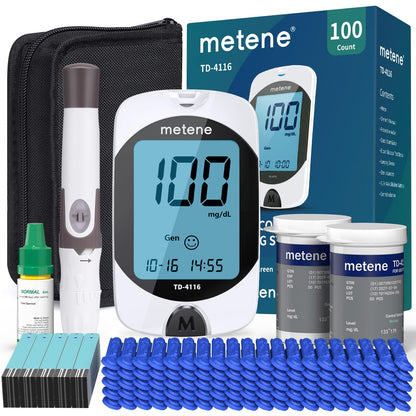 Metene TD-4116 Blood Glucose Monitor Kit, 100 Glucometer Strips, 100 Lancets, 1 Blood Sugar Monitor, Blood Sugar Test Kit with Control Solution, Lancing Device, No Coding, Large Display