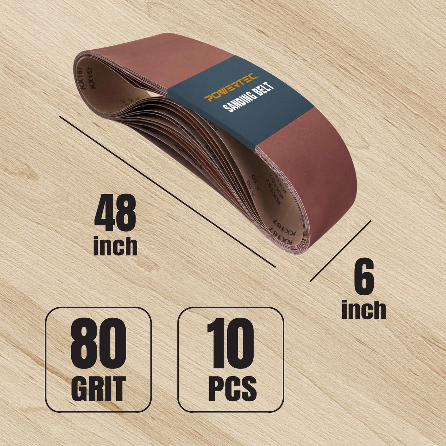 POWERTEC 6 x 48 Inch Sanding Belts, 10PK, 80 Grit Aluminum Oxide Belt Sander Sanding Belt for Bench Belt Sander, Wood & Paint Sanding, Metal Polishing (110530)