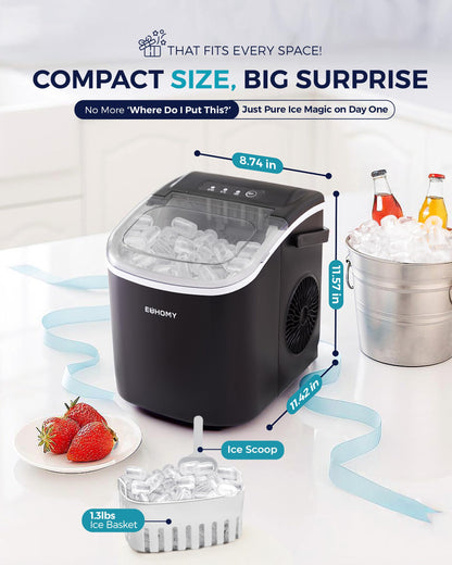 EUHOMY Countertop Ice Maker Machine with Handle, 26lbs in 24Hrs, 9 Ice Cubes Ready in 6 Mins, Auto-Cleaning Portable Ice Maker with Basket and Scoop, for Home/Kitchen/Camping/RV. (Black)