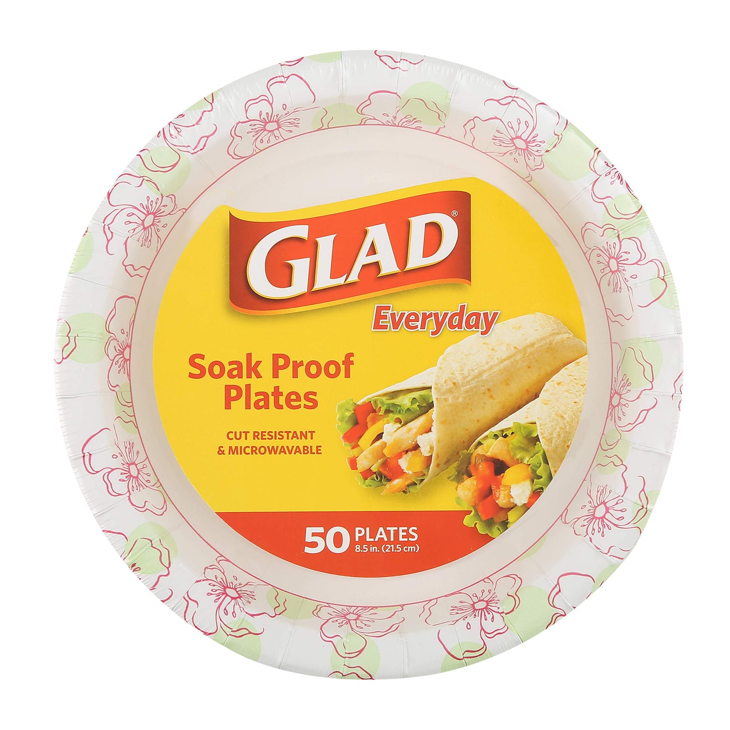 Glad Disposable Paper Plates, 8.5"| Round Soak Proof, Cut Proof, Microwaveable Heavy Duty Disposable Plates |50 Count Bulk Paper Plates, Pink Flower Print| Paper Plate for Parties, Dinner Paper Plates
