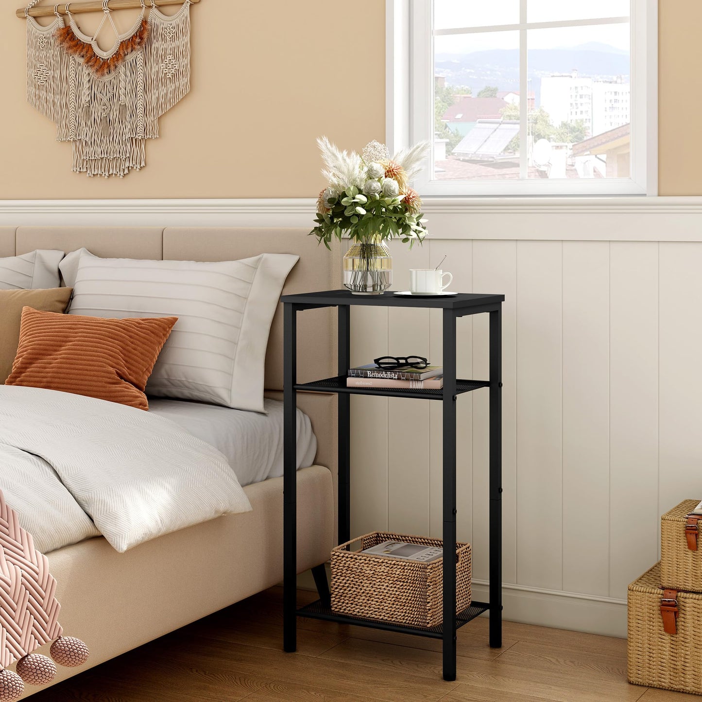 Hoctieon 3 Tier End Table, Telephone Table, Tall Side Table with Storage, Small Nightstand for Small Spaces, Metal Frame, For Living Room, Bedroom, Sofa Couch, Hall, Easy Assembly, Black