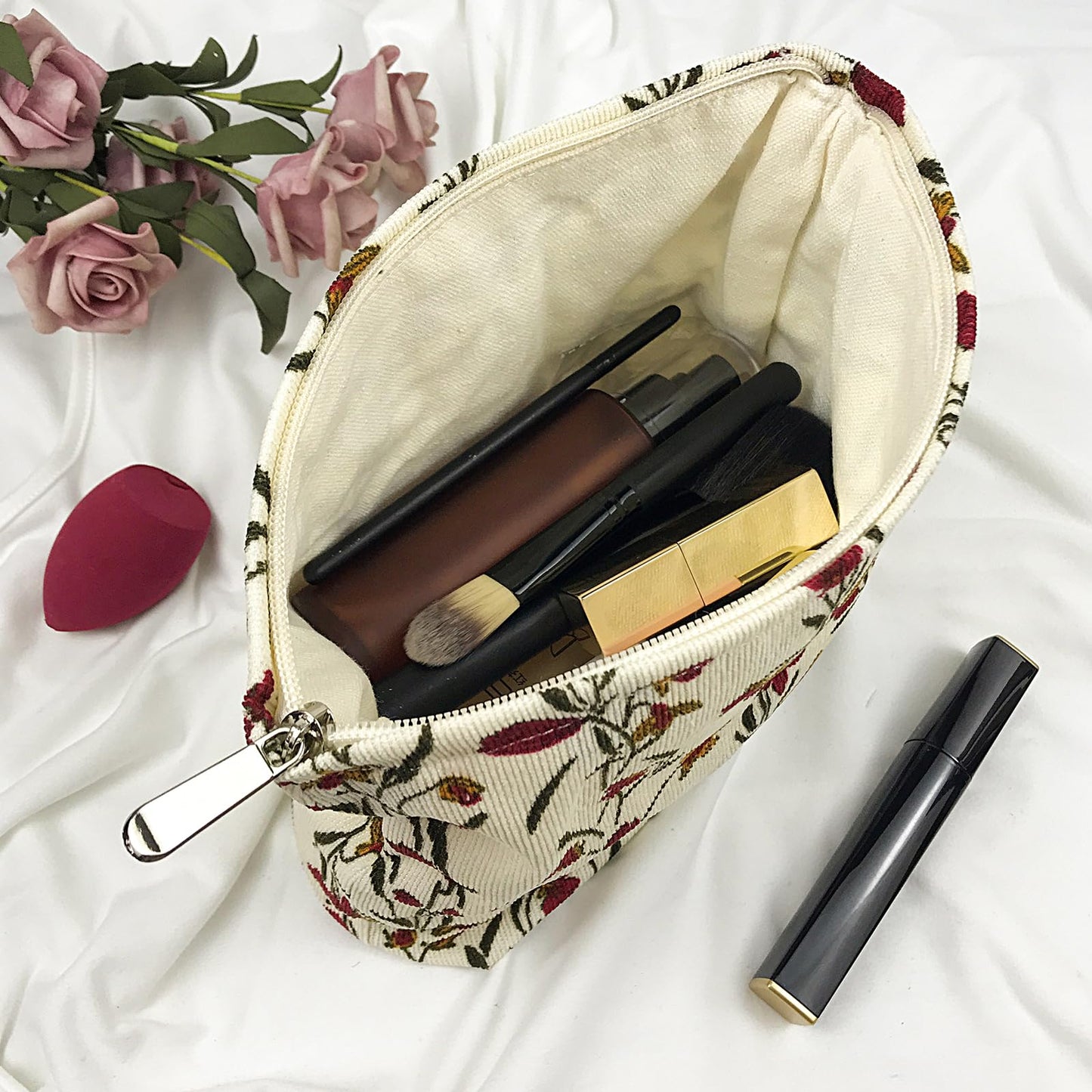 GUTGNK Corduroy Ladies Cosmetic Bag, Large Capacity Canvas Cosmetic Bag Travel Toiletry Bag Accessories Organizer, Morning Glory