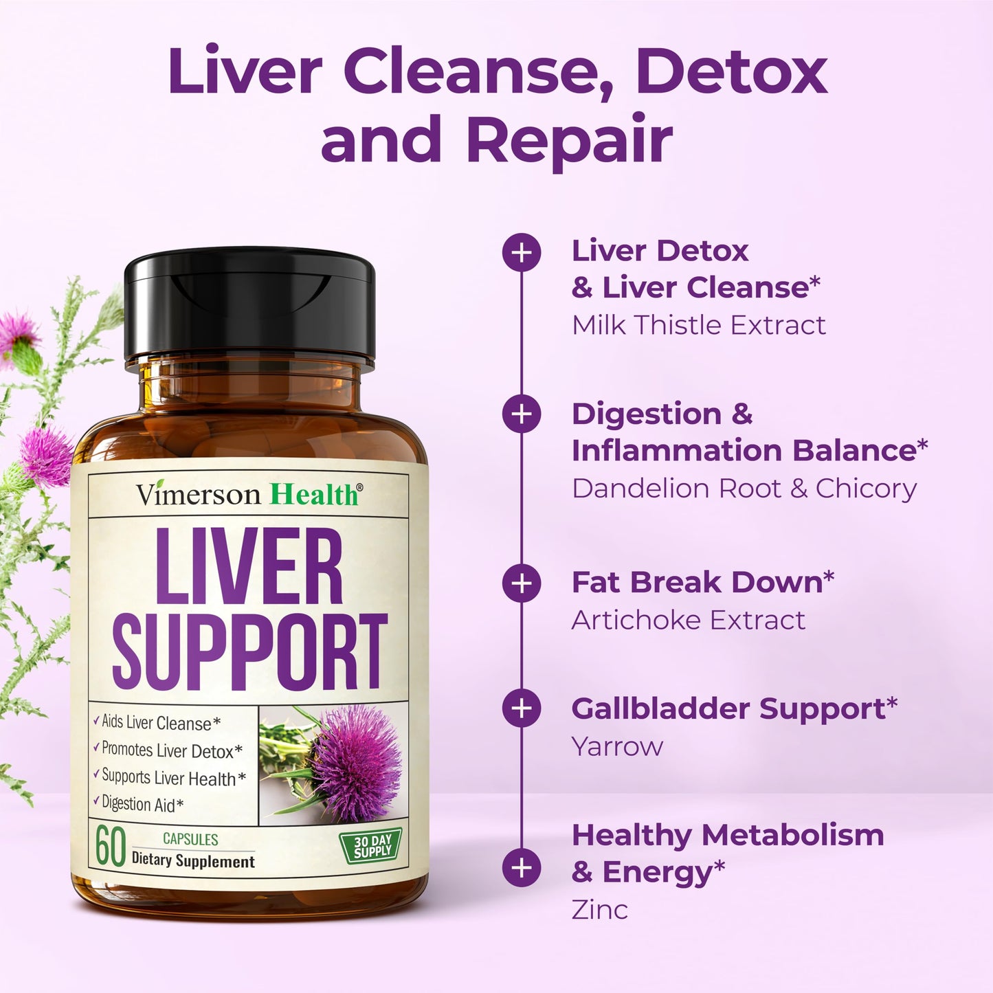Liver Cleanse Detox & Repair Milk Thistle Supplement - 60 Capsules Herbal Liver Support - Choline, Artichoke Extract & Chicory. Dandelion Root Supplement to Promote Cellular Repair & Digestion - Vegan