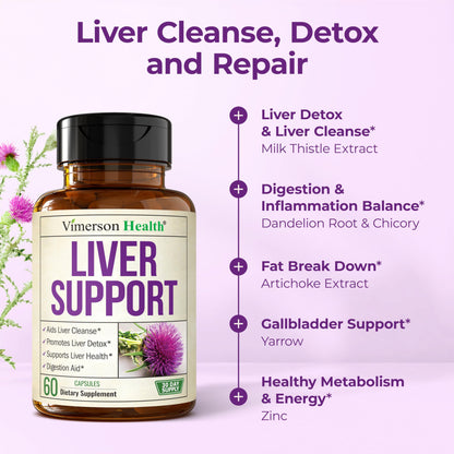 Liver Cleanse Detox & Repair Milk Thistle Supplement - 60 Capsules Herbal Liver Support - Choline, Artichoke Extract & Chicory. Dandelion Root Supplement to Promote Cellular Repair & Digestion - Vegan