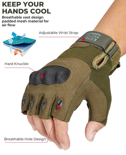KEMIMOTO Fingerless Tactical & Motorcycle Gloves for Men, Outdoor Work Sports, Cycling, Hunting, Hiking & Camping