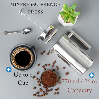 Mixpresso Stainless Steel French Press Coffee Maker 27 Oz 800 ml, Double Wall Insulated French Press Stainless Steel, Easy Clean Tea Brewer, Easy Press Durable Metal Coffee Press