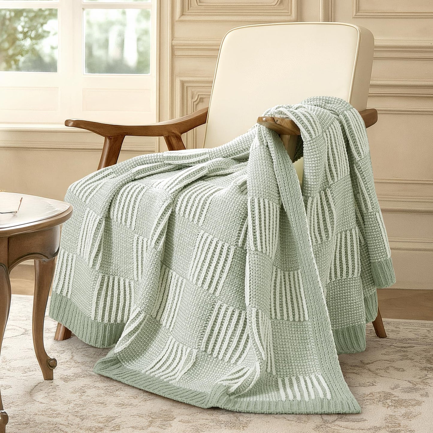 Amélie Home Chenille Knit Throw Blanket for Couch, Checkered Texture Decorative Soft Blanket for Sofa, Bed & Living Room, 50"x60", Sage Green & White