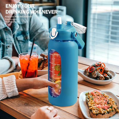 kytffu 56oz Glass Water Bottles with Straw, Motivational Glass Bottle with Silicone Sleeve and Time Marker, Leakproof Large Glass Water Jug for Gym Home Office,Iron Blue