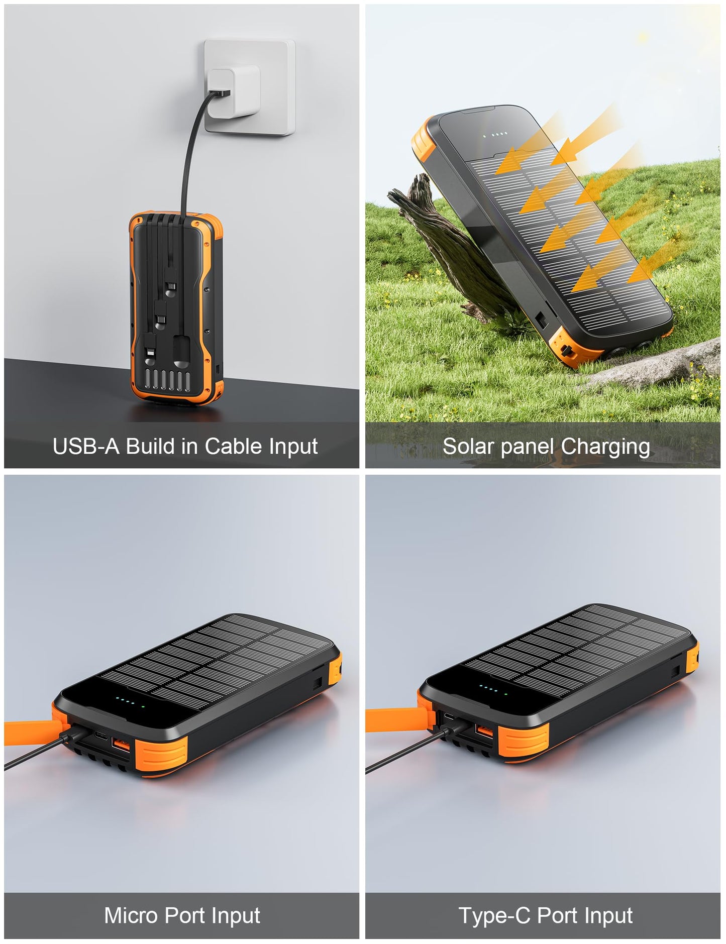 MINRISE Solar Charger Power Bank, 40000mAh Portable Phone Charger Built in 4 Cables with USB C in/Output, PD 20W Fast Charging Portable Charger, External Battery Pack with Dual Bright Flashlights