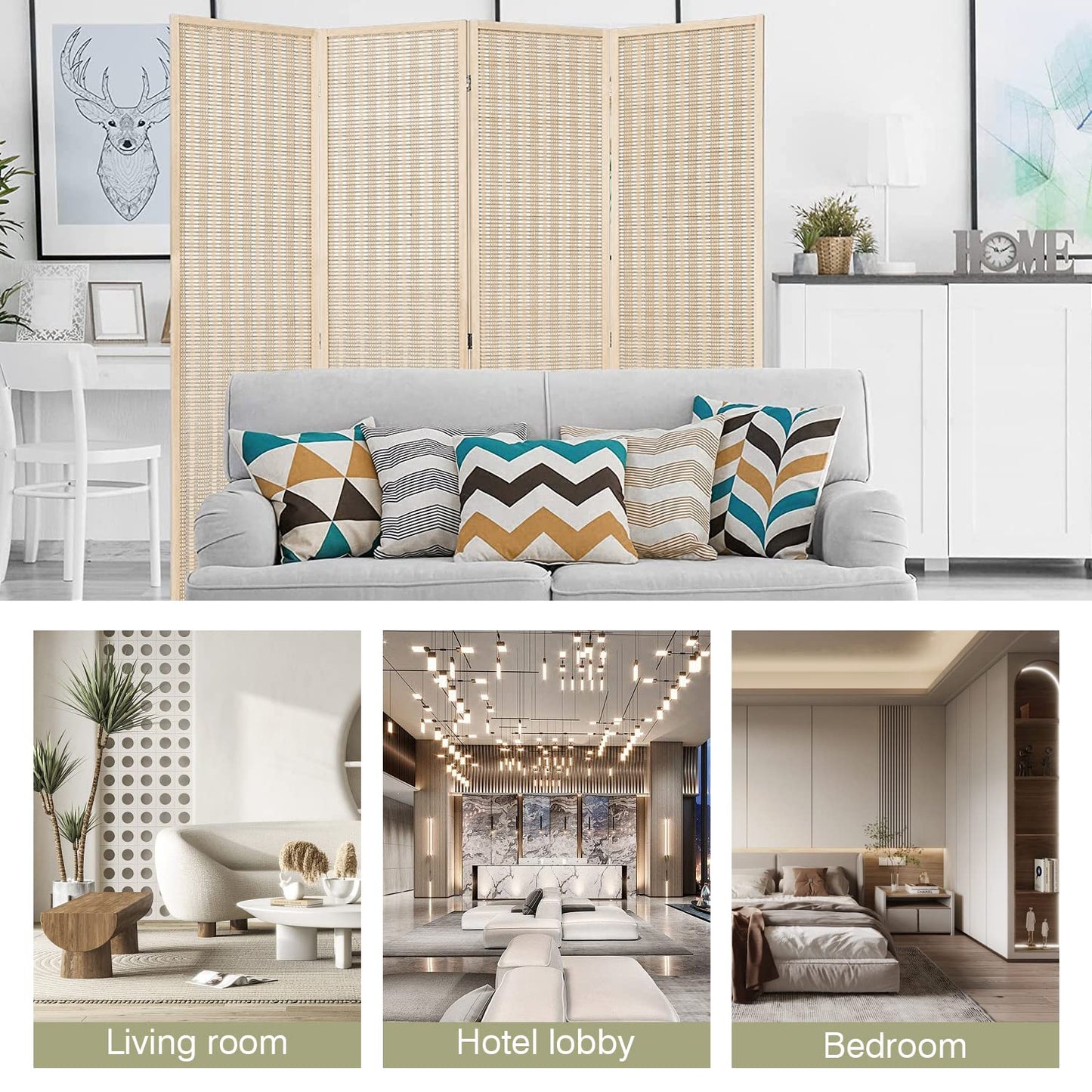 FDW Room Divider Bamboo Room Divider Wall Folding Privacy Wall Divider Wood Screen for Home Bedroom Living Room (6 Panel, Natural)