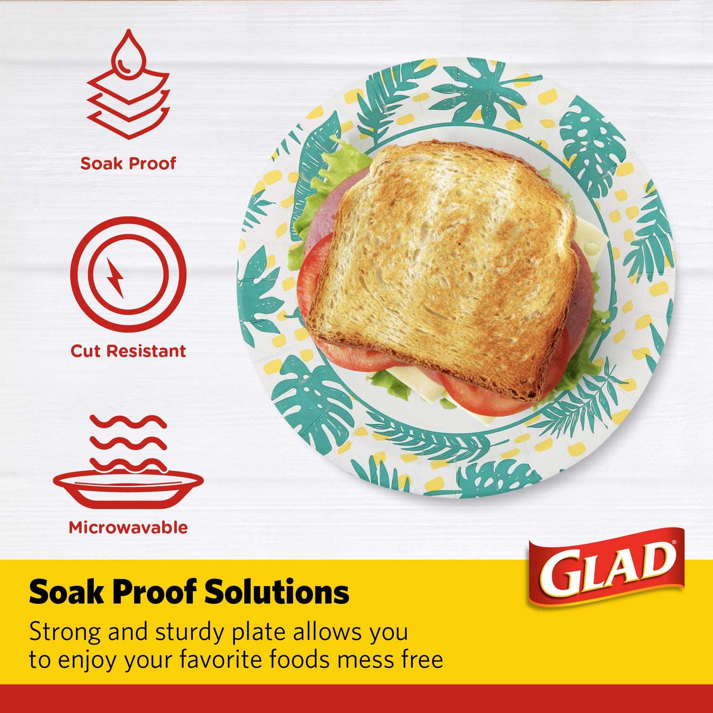Glad Round Disposable Paper Plates, Palm Leaves Pattern - Strong, Sturdy, Soak Proof, and Microwavable Decorative Plates for Dinner and Everyday Use, 8.5 Inch, 50 Count - 12 Pack