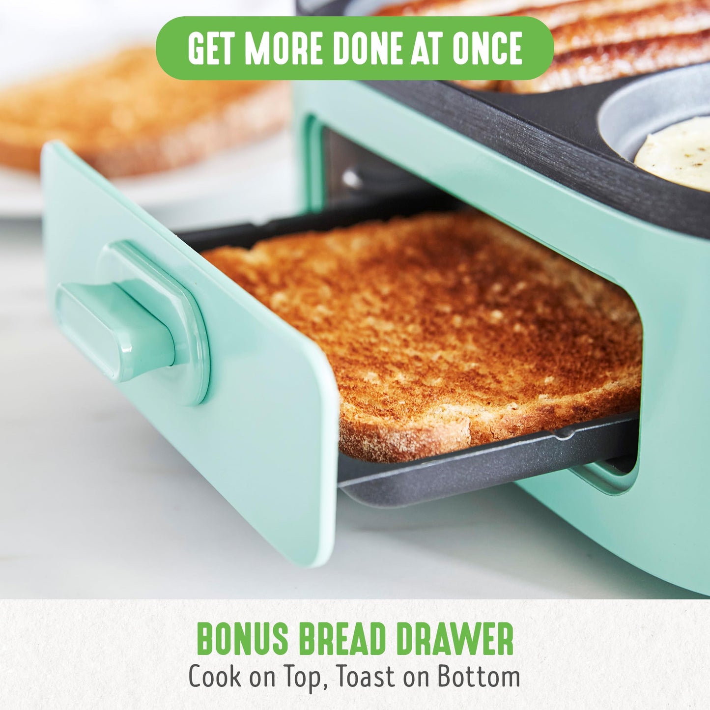 GreenLife 3-in-1 Breakfast Maker Station, Healthy Ceramic Nonstick Dual Griddles for Eggs Meat Sausage Bacon Pancakes and Breakfast Sandwiches, 2 Slice Toast Drawer, Easy-to-use Timer, Turquoise