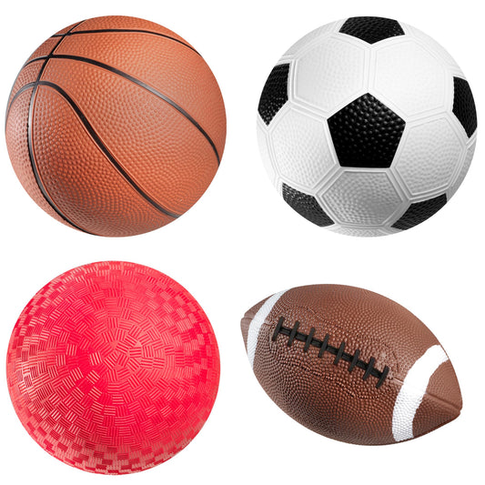 Bedwina Sports Balls for Kids & Toddlers - (Pack of 4) 5-inch Sports Set Includes Football, Soccer, Basketball, and Playground Ball, Fun Indoors & Outdoor Toys (Hand Pump Included)
