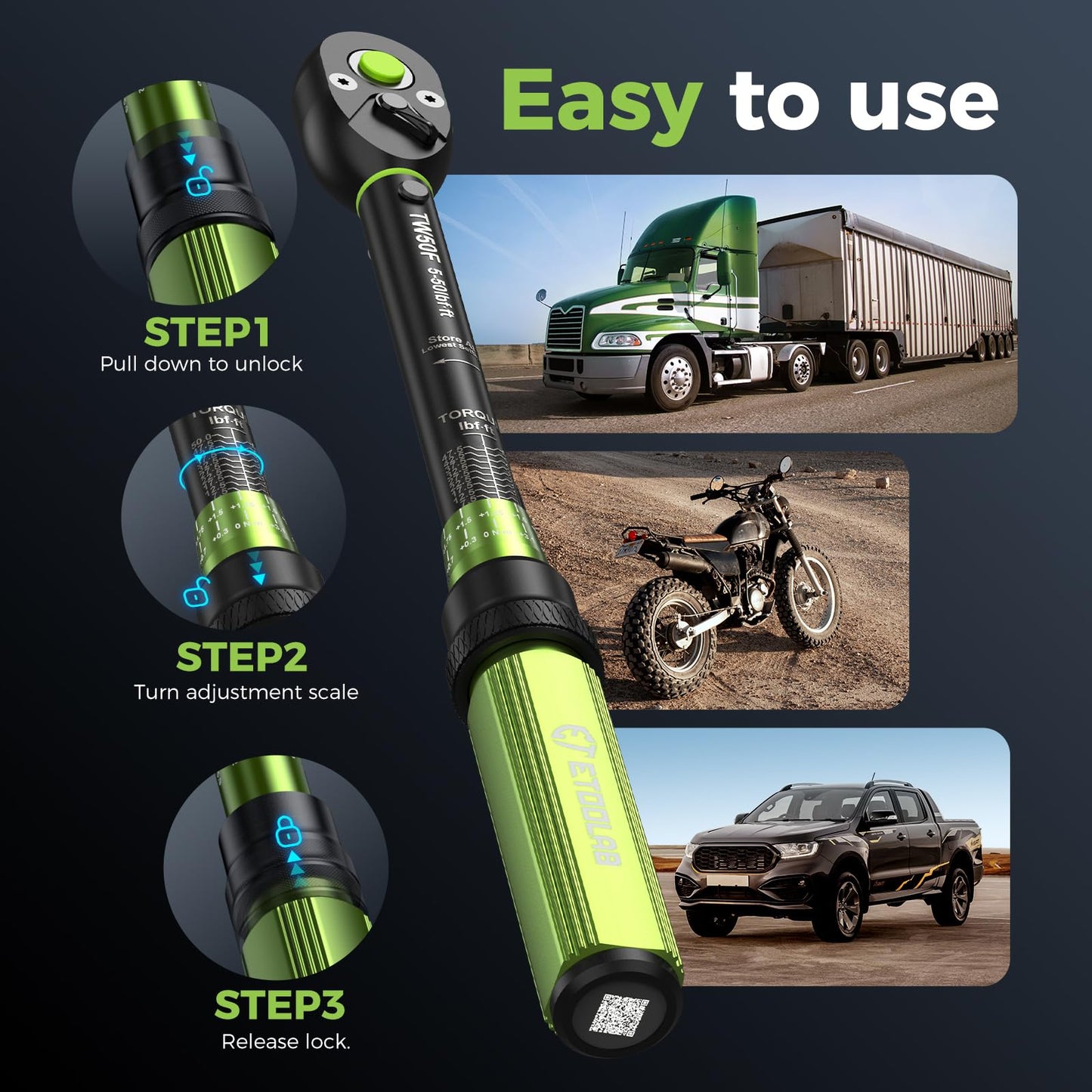 etoolab 3/8-Inch Drive Click Torque Wrench - 5-50Ft-Lb/5-69.4Nm, Dual-Direction Adjustable 72 Tooth Click Torque Wrench for Bike, Motorcycle and Car Repair