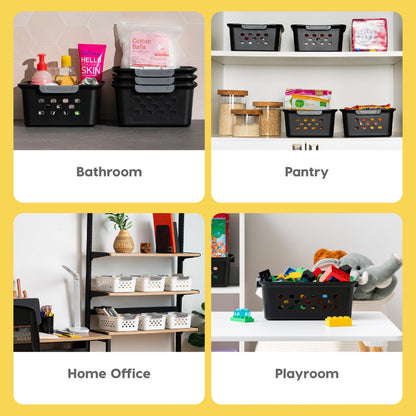 IRIS USA Plastic Basket, 6-Pack, Medium, Shelves Storage Basket for Organizing Pantry, Cabinet, Bedroom, Closet, Laundry Room, Office, Black