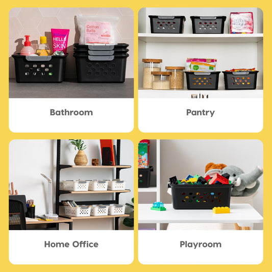 IRIS USA Plastic Basket, 6-Pack, Medium, Shelves Storage Basket for Organizing Pantry, Cabinet, Bedroom, Closet, Laundry Room, Office, Black