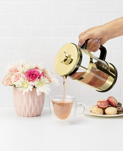 Pinky Up Piper Stainless Steel French Press Coffee Maker, Borosilicate Glass Tea Press for Loose Tea, Stylish, Durable & Easy to Clean, Sleek Design, Coffee Bar Accessories, 34 oz, Gold