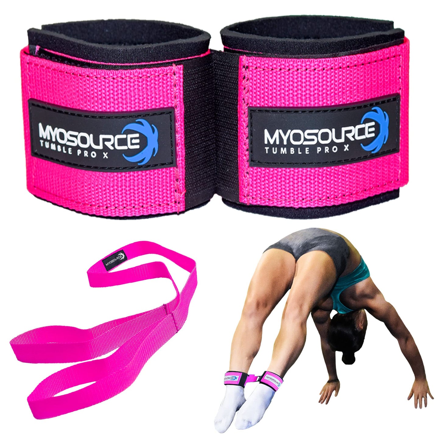 Myosource Kinetic Bands Tumble Pro X Ankle Straps Kit – Cheerleading Standing Tumbling Equipment, Gymnastics Backhandspring Trainer – Includes Flexibility Stunt Stretch Strap – Pink