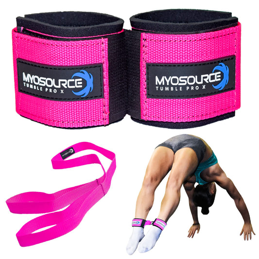 Myosource Kinetic Bands Tumble Pro X Ankle Straps Kit – Cheerleading Standing Tumbling Equipment, Gymnastics Backhandspring Trainer – Includes Flexibility Stunt Stretch Strap – Pink