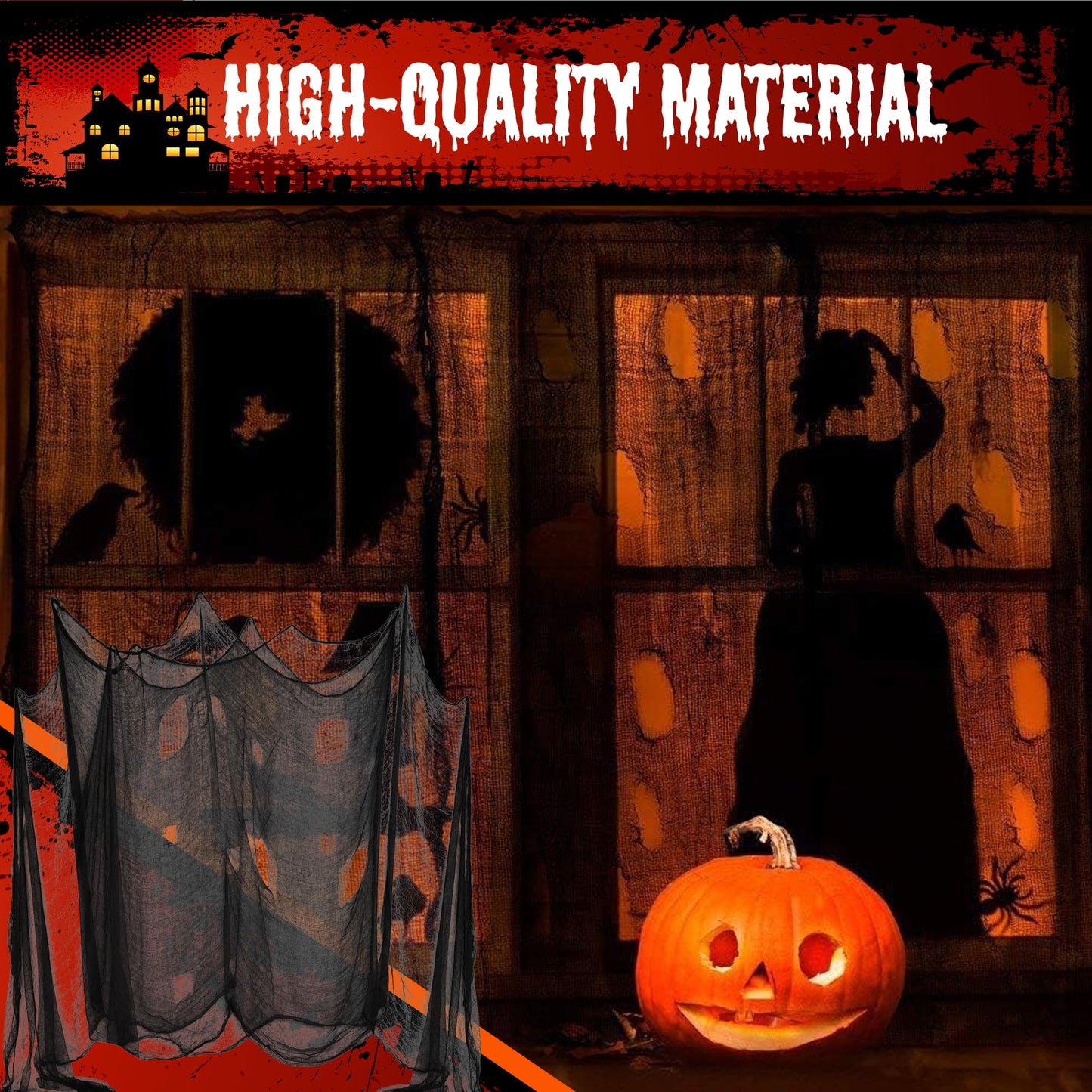 (48 x 240 in.) Halloween Creepy Cloth, DealKits Spooky Giant Cheese Cloth Tapestry for Halloween Party Supplies Decorations Outdoor Yard Home Wall Decor, Black