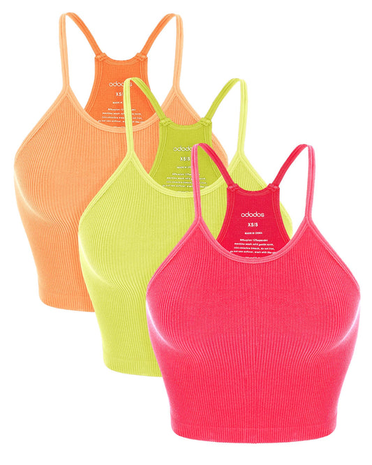 ODODOS Women's Crop 3-Pack Seamless Rib-Knit Camisole Crop Tank Tops, Neon Pink Green Orange, Medium/Large
