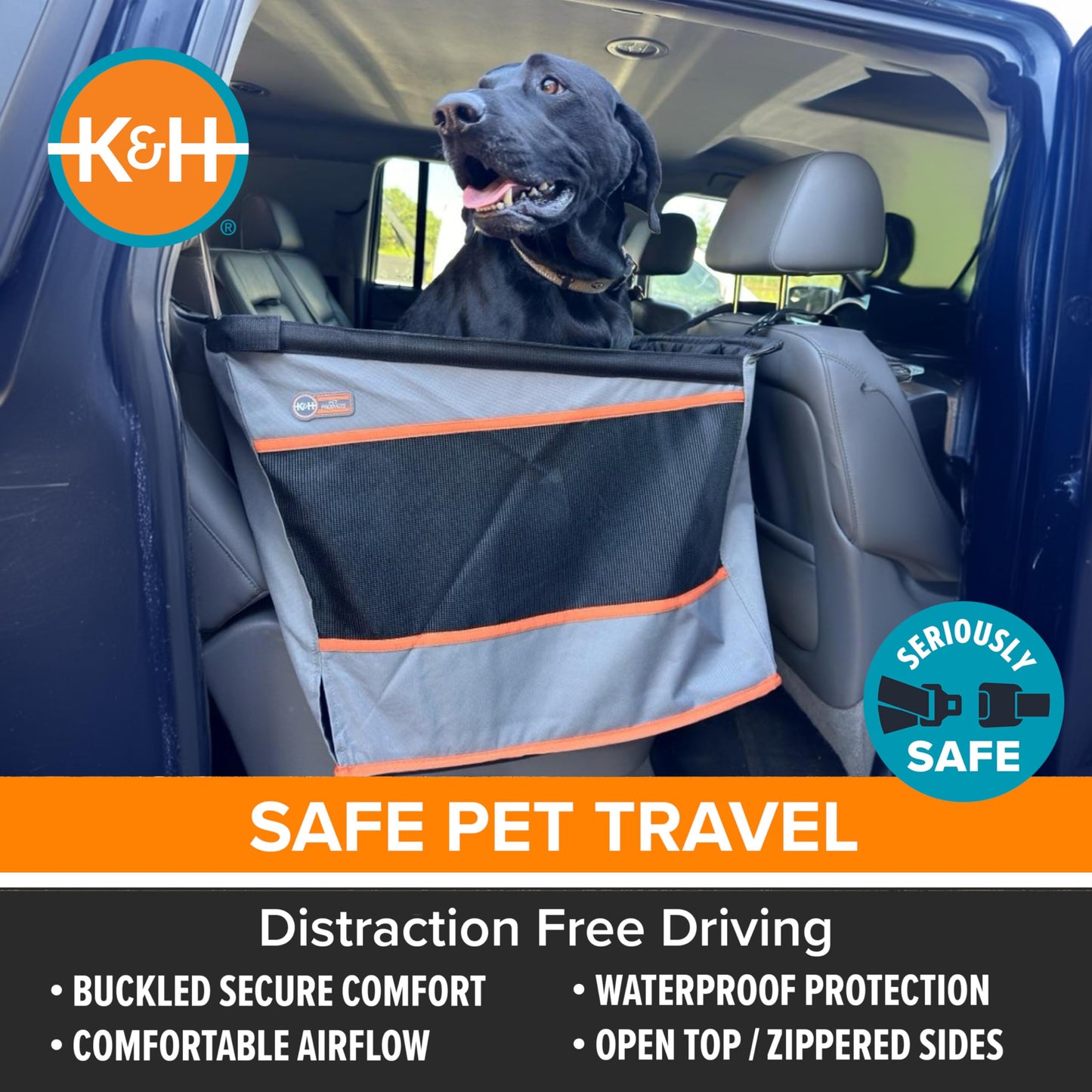 K&H Pet Products Buckle N Go Dog Car Seat for Large Dogs, Waterproof Fabric, Breathable Mesh Sides, Adjustable Seat Belt Leash, Carseat for Medium to Large Pets, Car Seat Cover - 21 X 19 X 19in