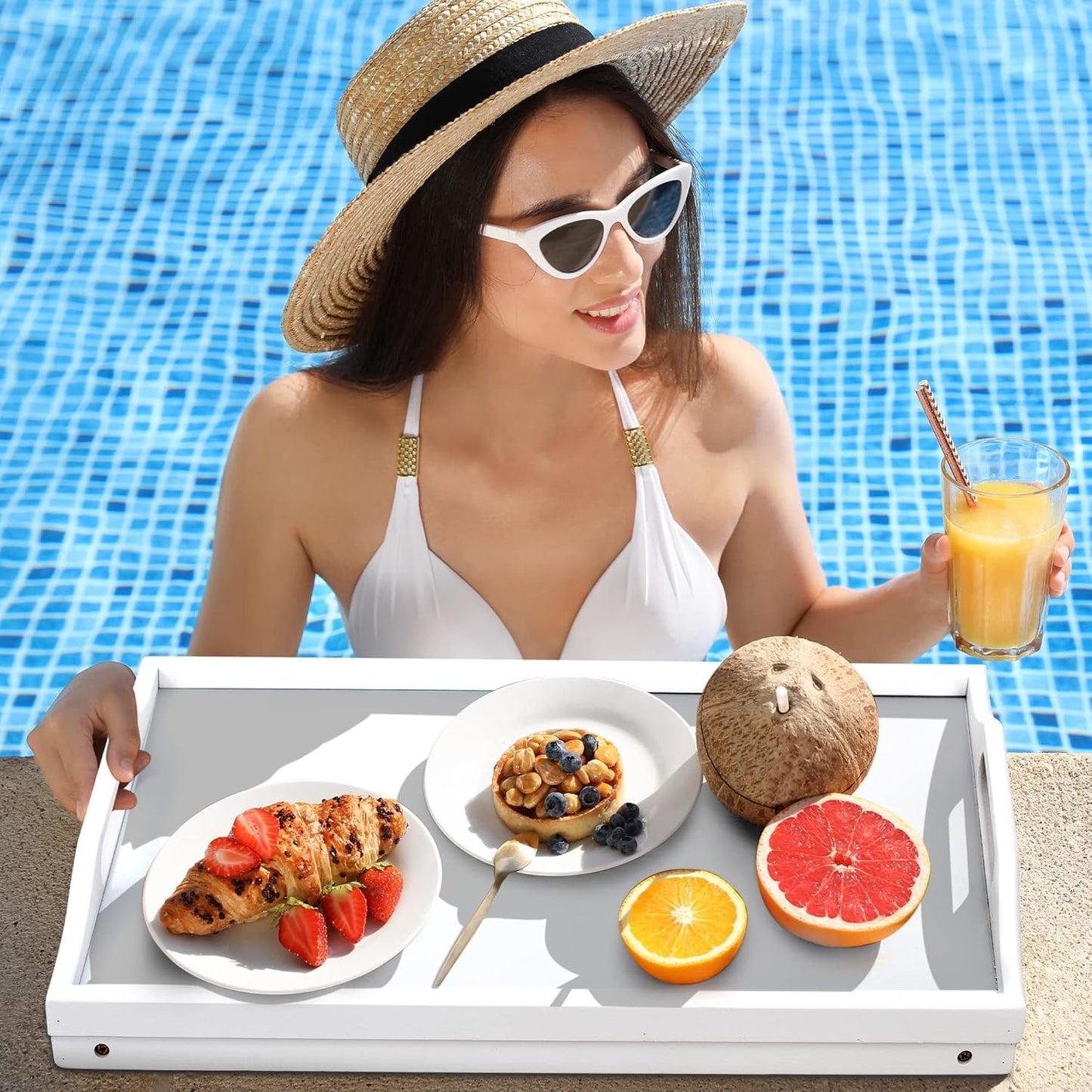 Mayyol Large Breakfast Bed Tray for Eating - Height Adjustable Raised Food Table - Bamboo Serving Tray on Lap Sofa - Portable Snack Platter with Folding Legs Ideal for Bedroom Picnic - White