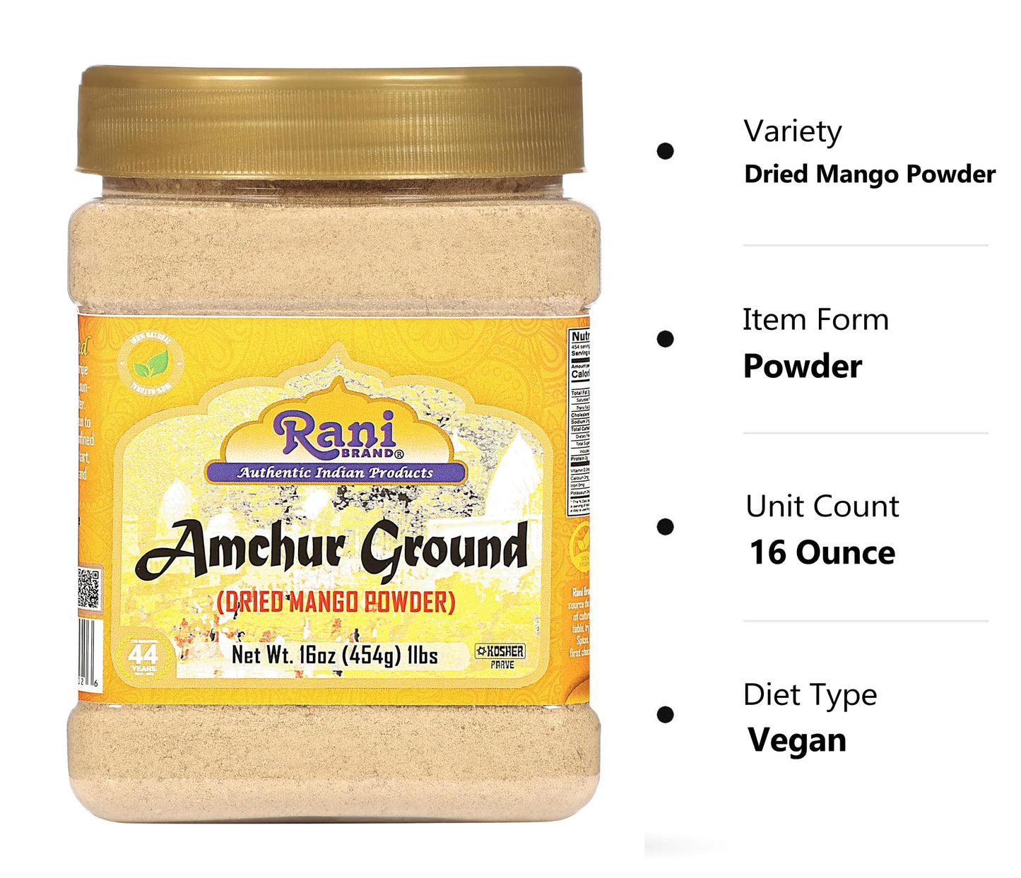 Rani Amchur (Mango) Ground Powder Spice 16oz (1lb) 454g PET Jar ~ All Natural, Indian Origin | No Color | Gluten Friendly | Vegan | NON-GMO | Kosher | No Salt or fillers