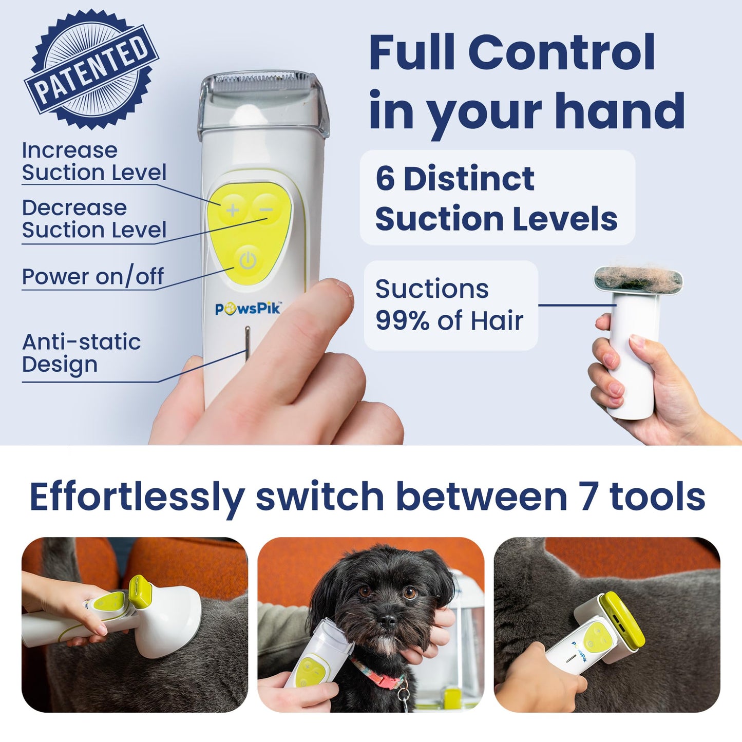 Professional Dog Grooming Vacuum Kit, Dogs & Cats, Direct Handheld Control, 7 Grooming Tools, Deshedding and Dematting for Grooming, Large 2.2L Dust Bin, UL, HEPA Filter