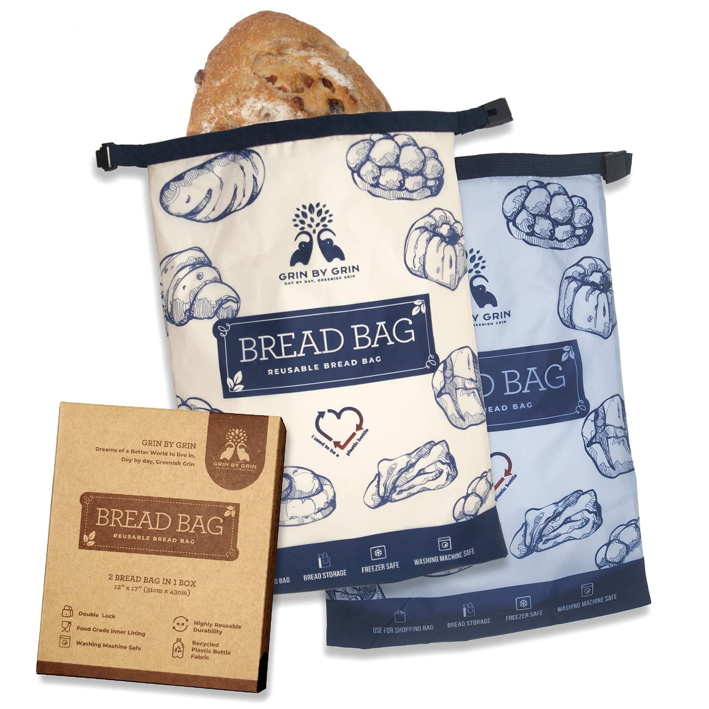 GRIN BY GRIN- 2 Packs Bread Bags, Zipper Reusable Bread Bags for Homemade Loaf, Freezer Sourdough Container, Fresh Keeping Extra Large, Reusable Food Storage Bag