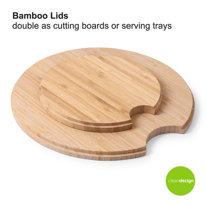 11.5" Extra Large Salad and 8" Serving Bowl with Wooden Lid and Servers - Bamboo Fiber Wood Mixing Bowl Set with Utensils & Wooden Cutting Board Top for Fruits, Vegetable Salads, Pasta (8pc Set) Grey