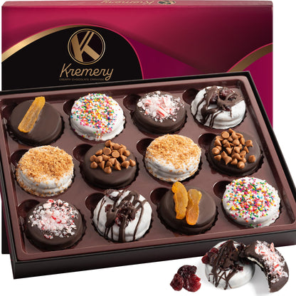 KREMERY Creamy Chocolate Cravings - Chocolate Covered Sandwich Cookies & Cream Gift Basket, in Elegant Gift Box (12 Cookies, Assorted Sweet Toppings) Food Assortments USA Made