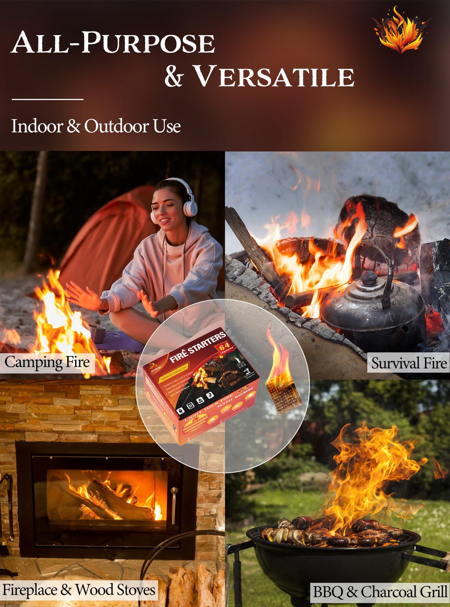 Nvkrvks Fire Starter, Easy-Burning Fire Starter Squares for Wood Stoves, Campfires, Grill Pit and Fireplace, Natural & Waterproof BBQ Fire Starters, 64 Mini Square