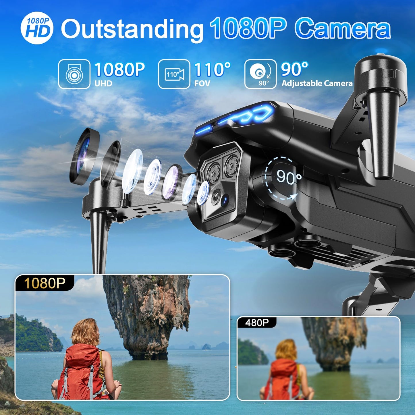 Naseto Drone with Camera 1080P HD, FPV Foldable Drone for Adults Kids, One-Key Take Off/Landing, 3D Flips, Altitude Hold, Speed Adjustment, Headless Mode, 2 Batteries, Toys Gifts for Boys Girls