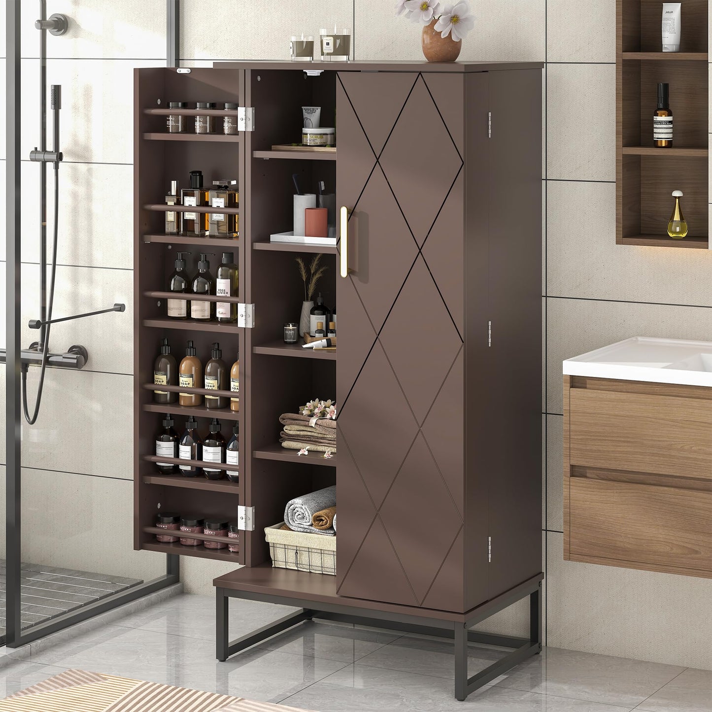 kepptory 51” Pantry Cabinets, Freestanding Kitchen Pantry Storage Cabinet with Adjustable Shelves, Buffet Cupboards Storage Cabinet for Home Office Use (Brown)