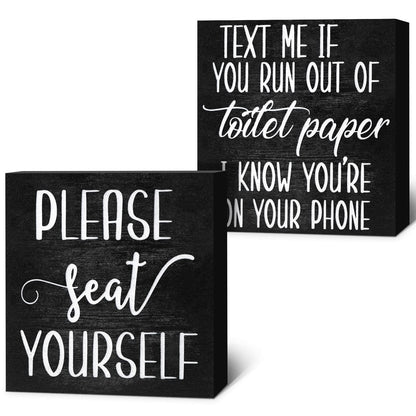 Jetec 2 Pieces Farmhouse Bathroom Signs Decor Wooden Box Sign Funny Bathroom Wall Art Rustic Wood Plaque Please Seat Yourself Decor for Home Restroom(Black)