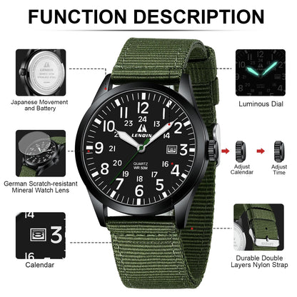 LN LENQIN Mens Watches Unisex Military Sport Nylon Strap Stylish Luminous Fashion Analog Quartz Watch for Men Waterproof Army Tactical Casual Wristwatch