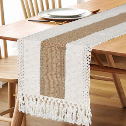 FEXIA Boho Table Runner for Fall Home Decor with Tassels 72 Inches Long Farmhouse Rustic Table Runner Macrame Burlap Table Decoration for Living Room Bridal Shower(12x72 Inches)