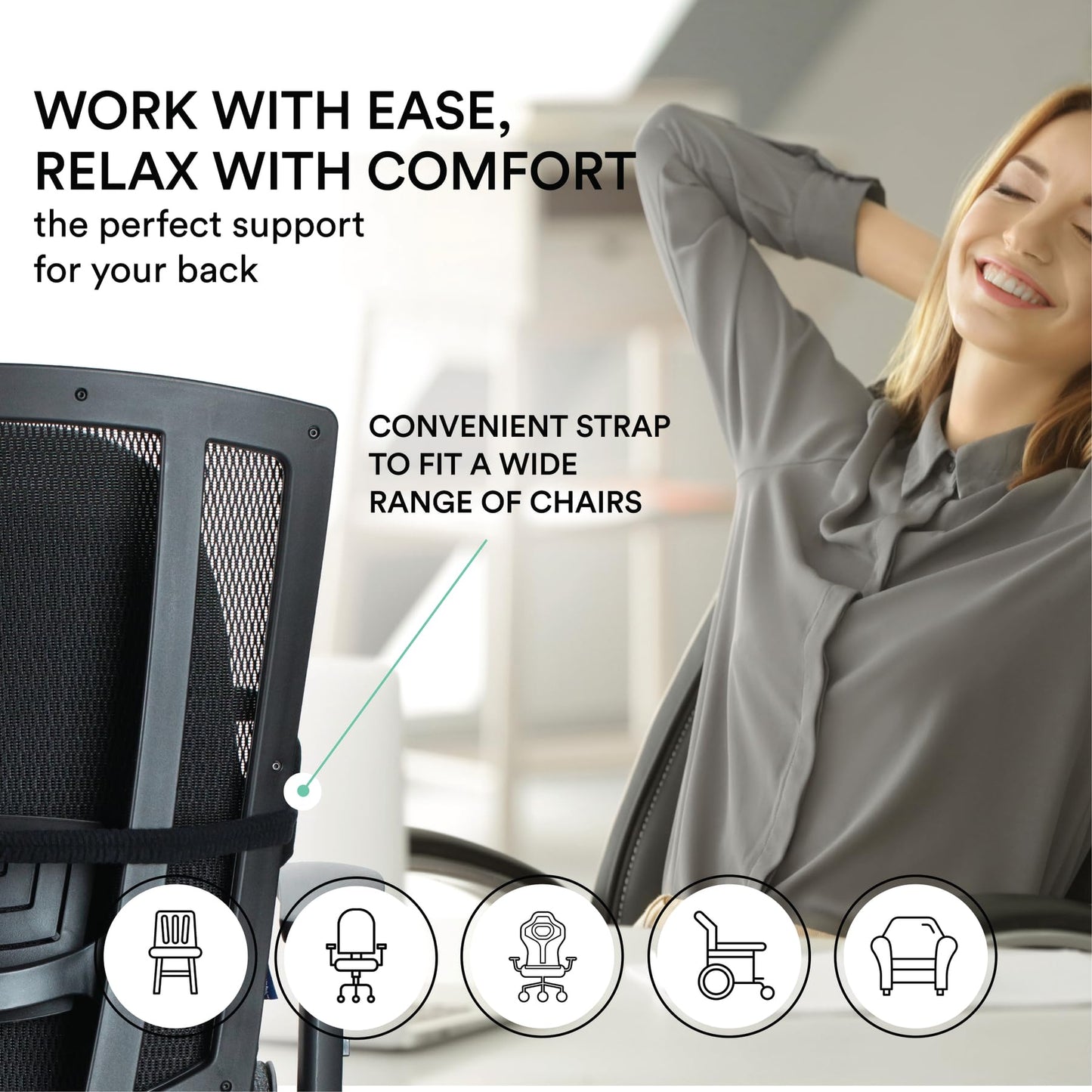 ObusForme Lowback Backrest Support – Lower Back Padded Seat Cushion and Lumbar Support Pillow, Portable Posture Support with Soft and Durable Foam