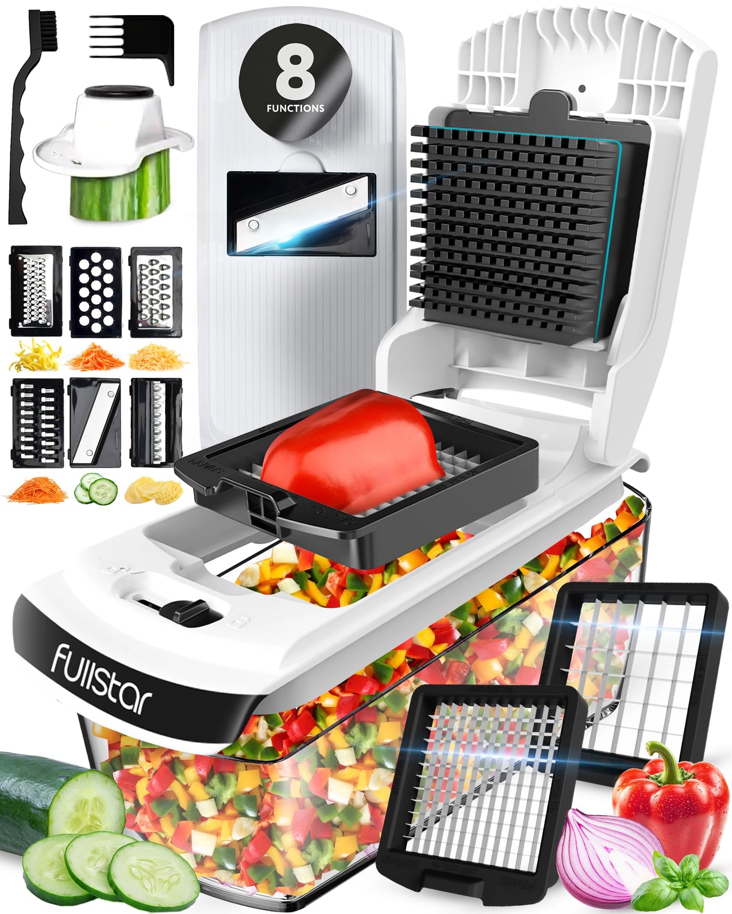 Fullstar Vegetable Chopper & Mandoline Slicer for Kitchen - Food Chopper with Container, Cheese Grater, Home Essentials & Kitchen Gadgets (All in 1, White)